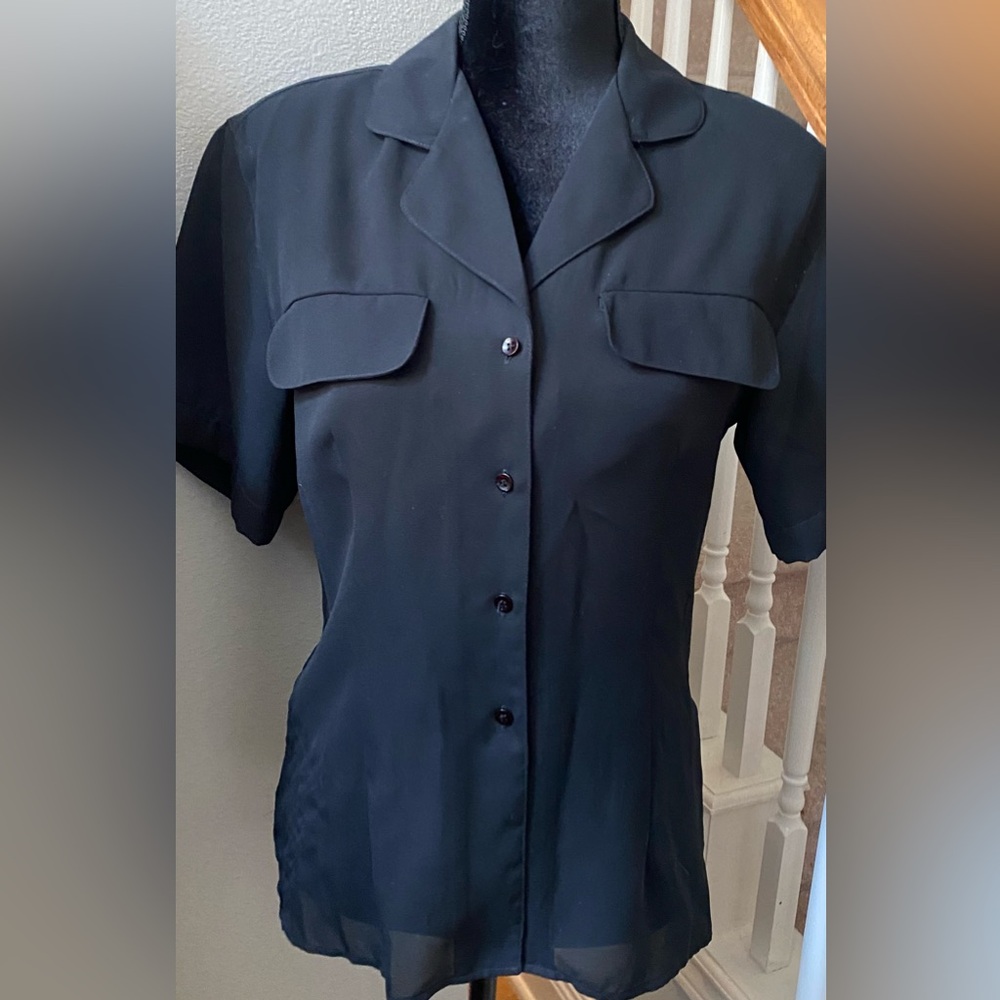 Jones New York Women's Black Short Sleeve Button Shirt Semi-Sheer (4)